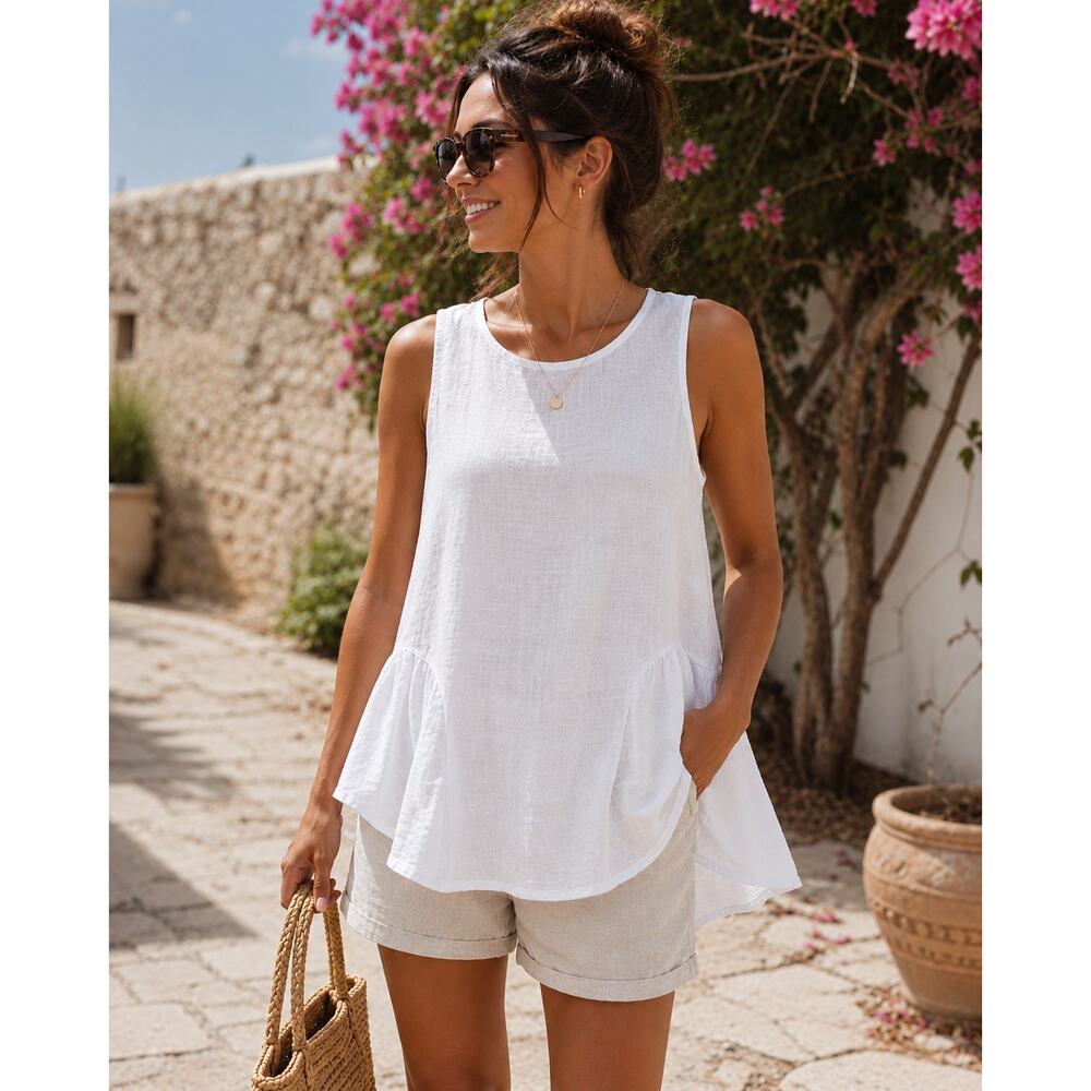 Francesca Bettini Made in Italy 100% Linen White Peplum Top S Boho Lagenlook